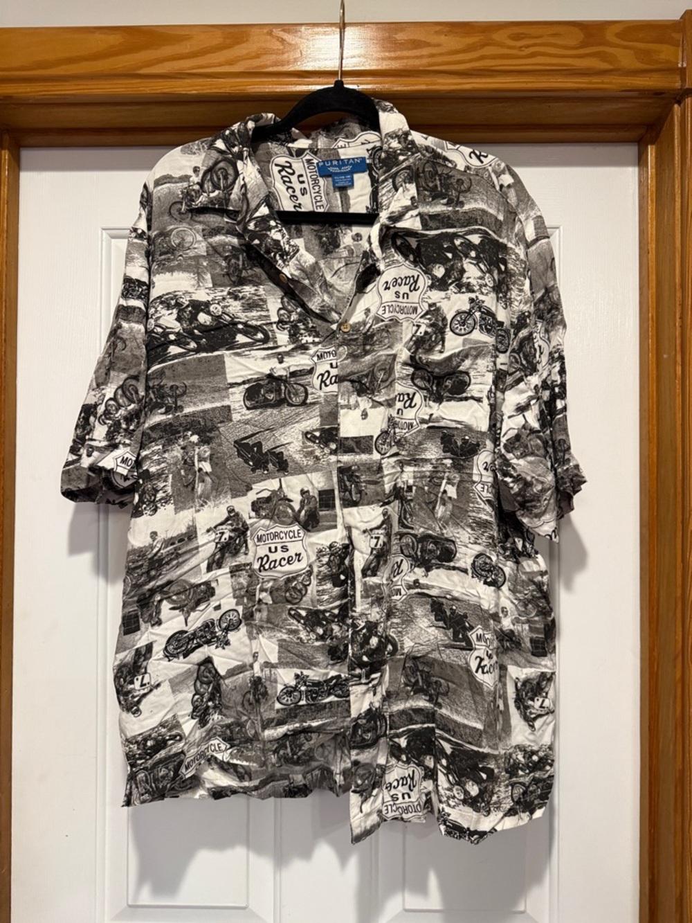 Puritan Black & White Motorcycle Collage Short-Sleeve Button-Down Shirt